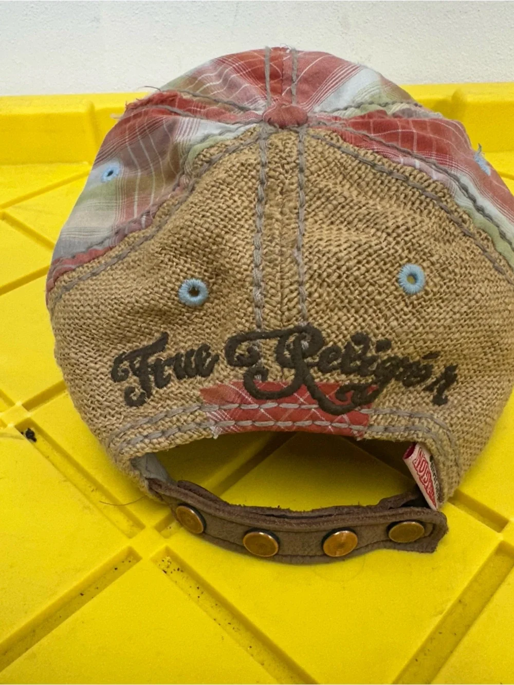 Vintage True Religion Hat Mens Leather Strapback Brown Red Plaid Distressed Y2K